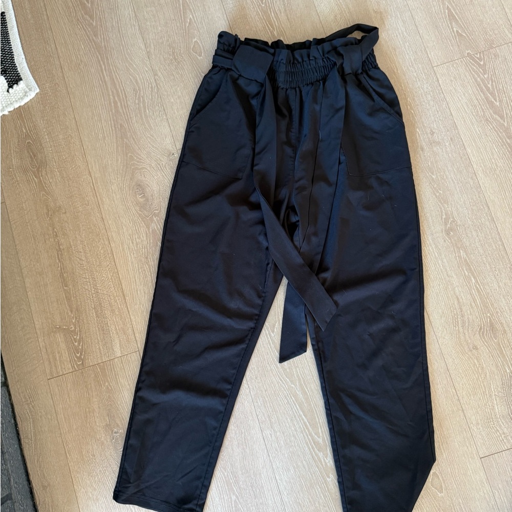 Grace Karin Black Straight Leg Pants with High Waist and Tie Waistband
